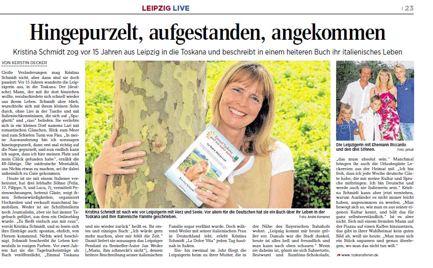 Zeitungsartikel von Kerstin Decer, LVZ, über Buch von Kristina Schmidt über ihr Leben in der Toskana