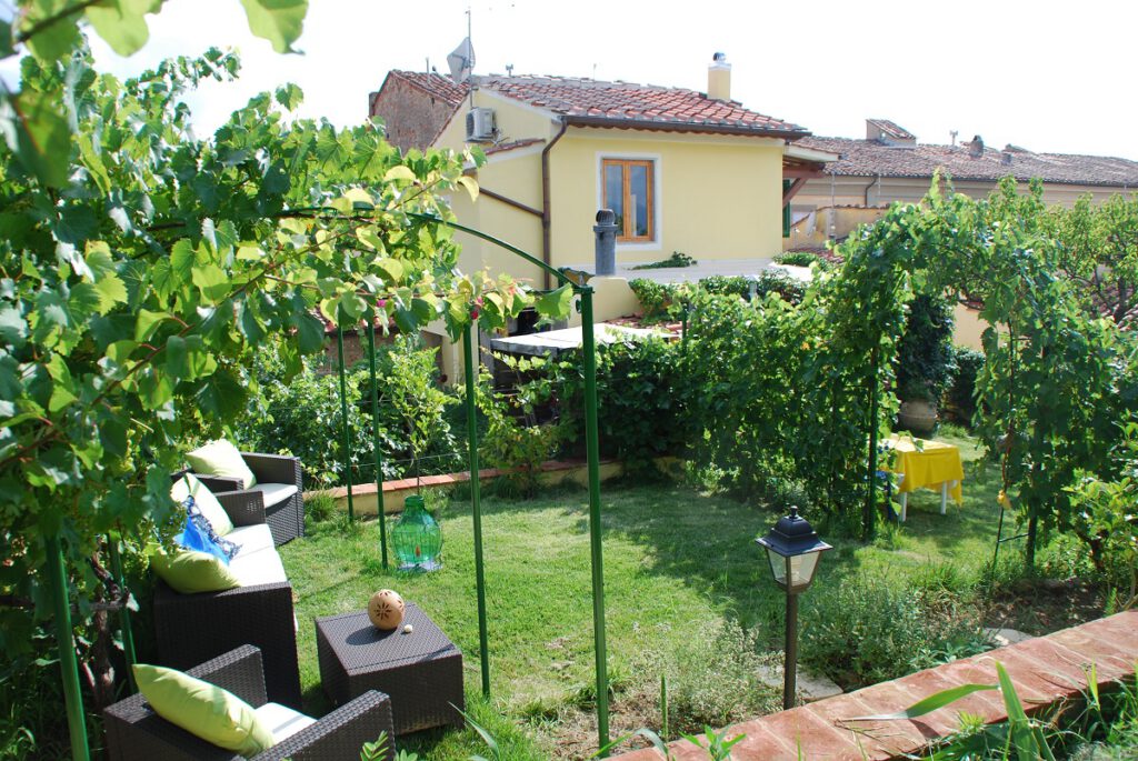 Sitzen unter Weinreben Romantische Ferien unter Weinreben in der Toscana